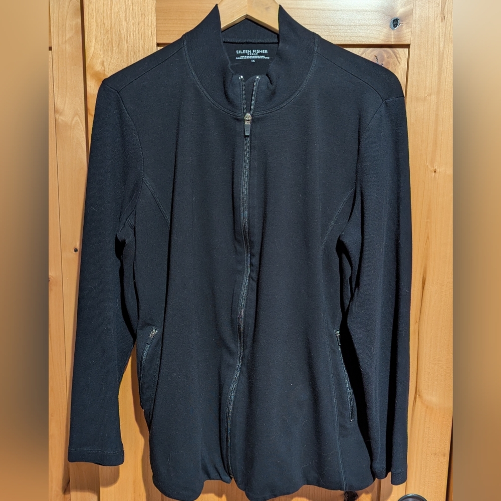 Eileen Fisher Organic Cotton Full Zip Sweater/Jacket Made In USA Black Sz 1X
